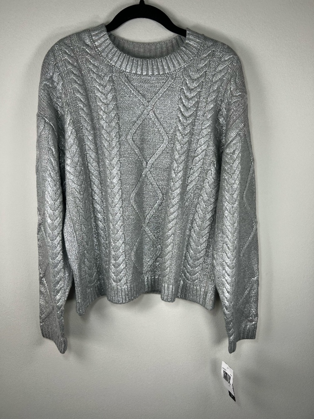 Leighton Metallic Cable Knit Crew Neck Sweater Silver Long Sleeve Holidays NEW S